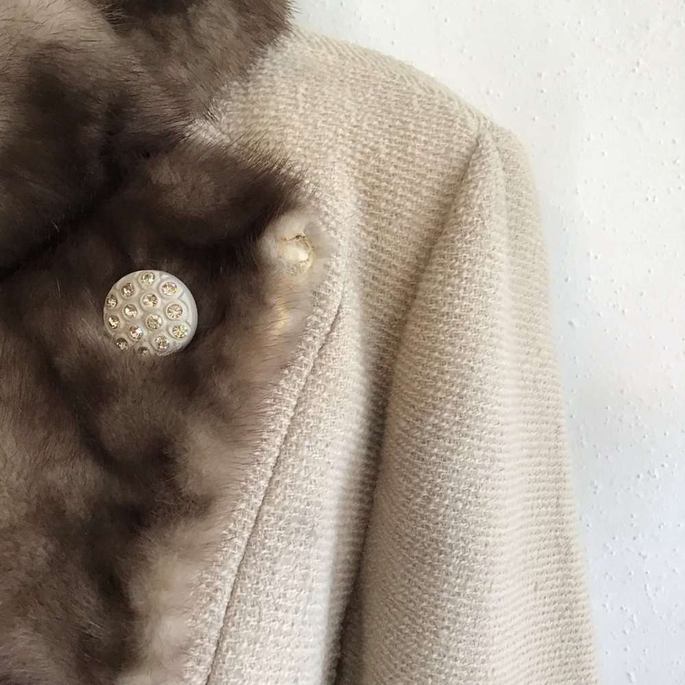 Youth Craft Women Vintage Beige Pea Coat with Brown Faux Fur Trim M - Picture 5 of 12